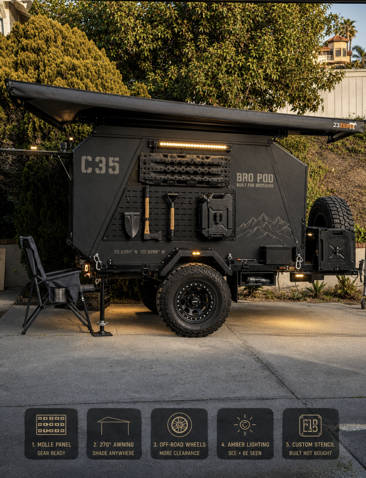 Bro Pod C35 concept with MOLLE panel, awning, amber lighting, off-road wheels, and custom stencil