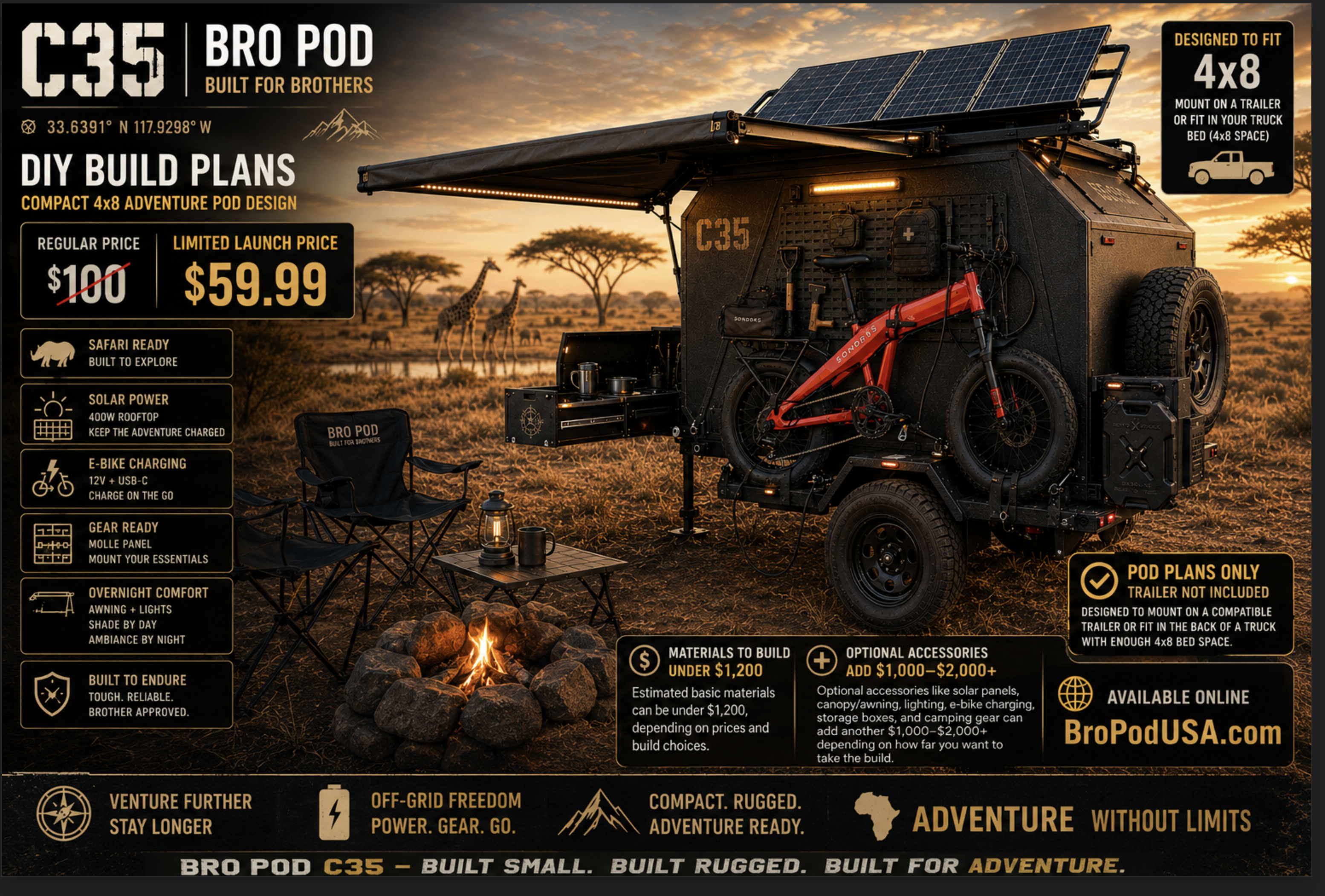 Bro Pod C35 main advertising concept for DIY trailer pod plans with solar e-bike charging and 4x8 platform