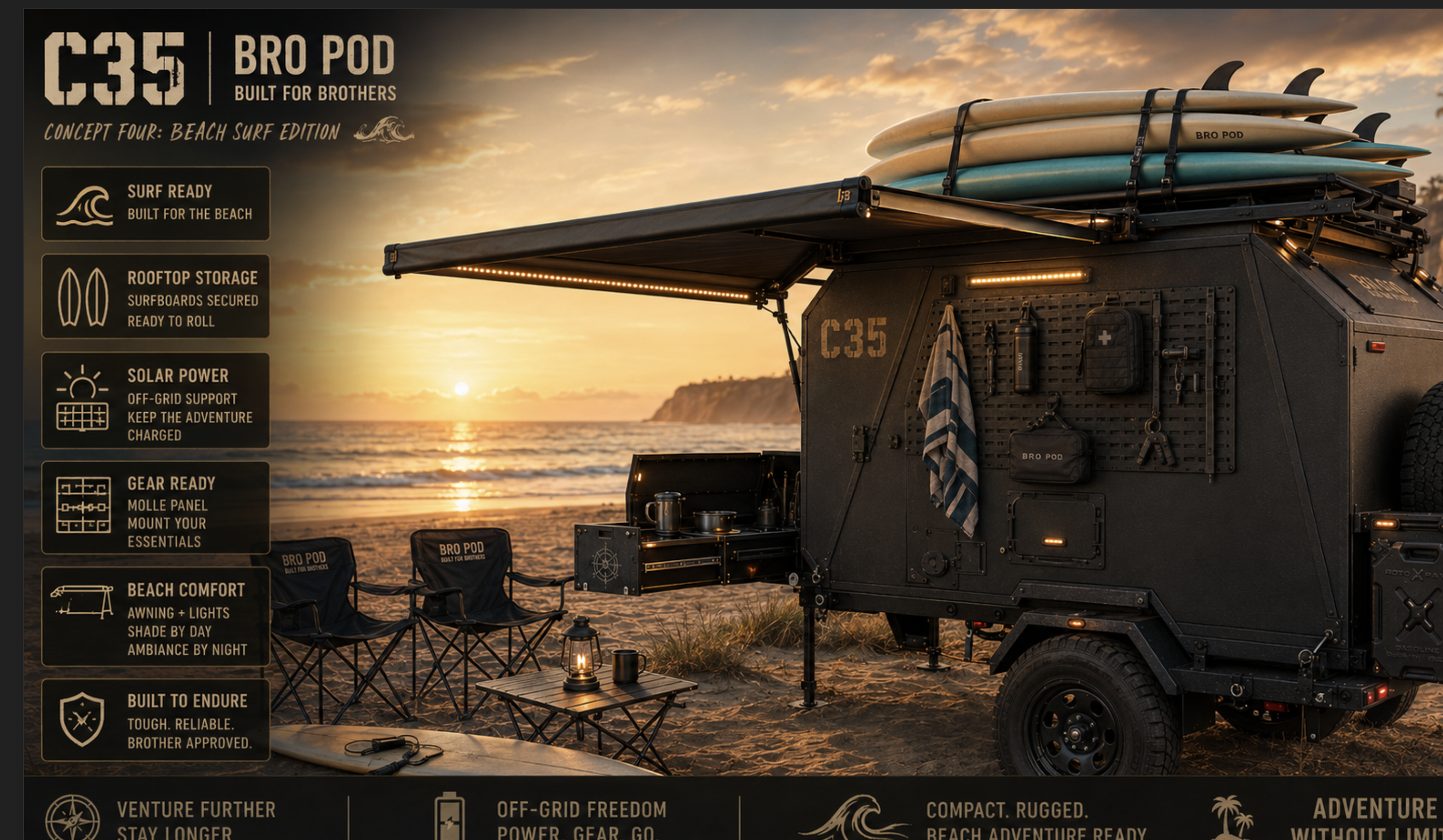 Bro Pod C35 beach surf edition DIY camper pod with surfboards and coastal camping setup