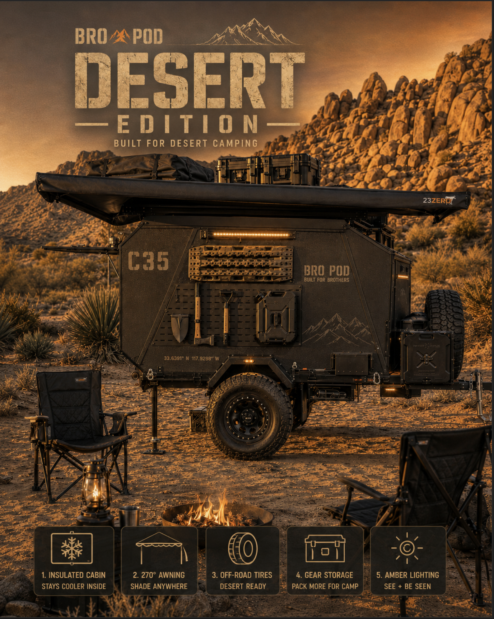 Bro Pod C35 desert edition DIY trailer pod built for desert camping and insulated off-grid shelter