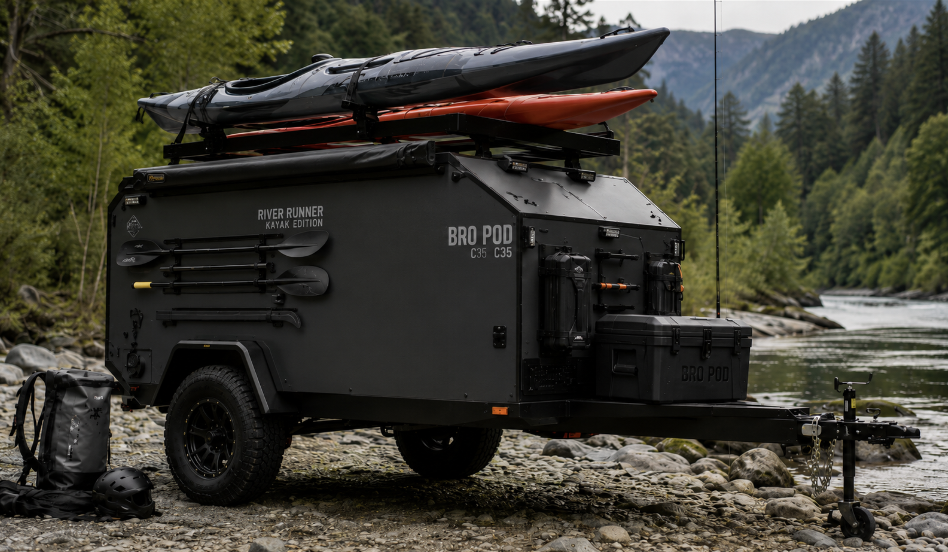 Bro Pod C35 kayak edition river runner DIY camper pod with kayak mounted on top